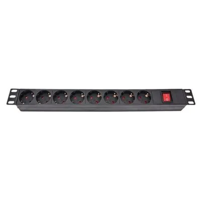 Блок розеток Atcom 1U 19" (PDU-8W-C2С-WS) 8 розеток, з вимикачем, ал. корпус, німецький тип, 2,0 м,